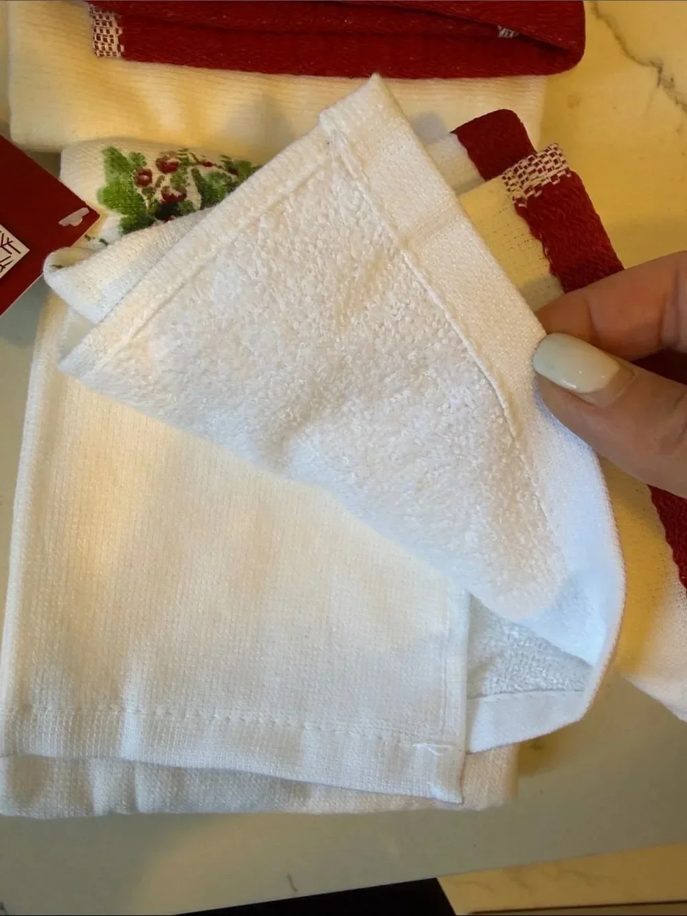 WONDERLAND Red and Green Monogram Holiday Kitchen Towel set 2